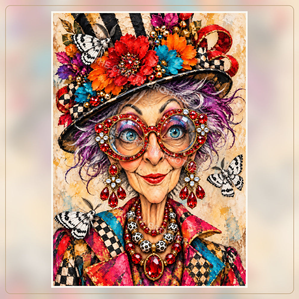 Butterfly and Checkered Hat Lady