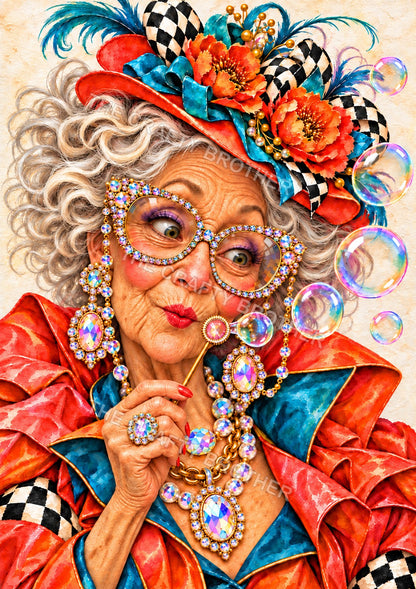 A silver-haired lady in a red and teal outfit blows shimmering bubbles through a jeweled wand, wearing sparkling glasses and a bright floral hat.