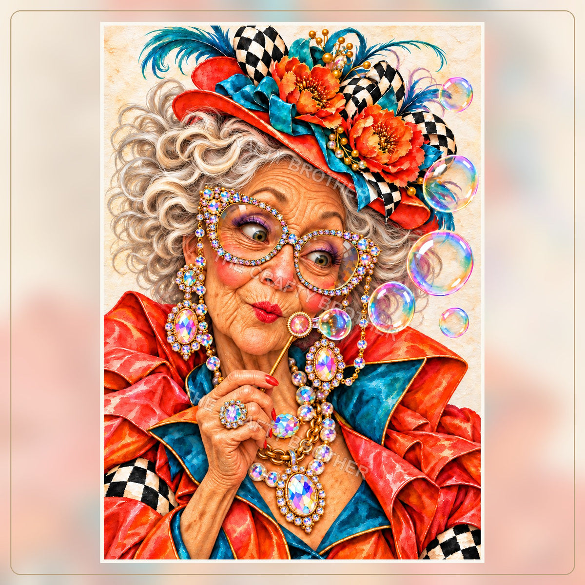 A silver-haired lady in a red and teal outfit blows shimmering bubbles through a jeweled wand, wearing sparkling glasses and a bright floral hat.