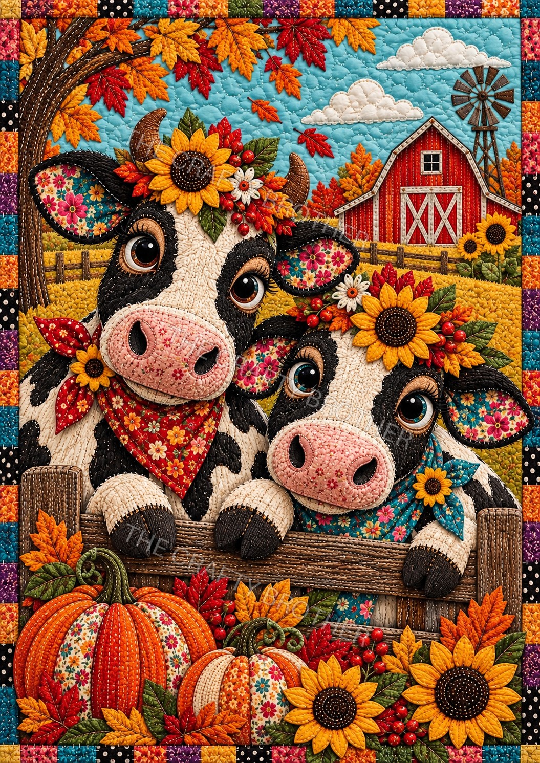 Two sunflower crowned Holstein cows at a fence with pumpkins and a red barn. Watermarked artwork preview.