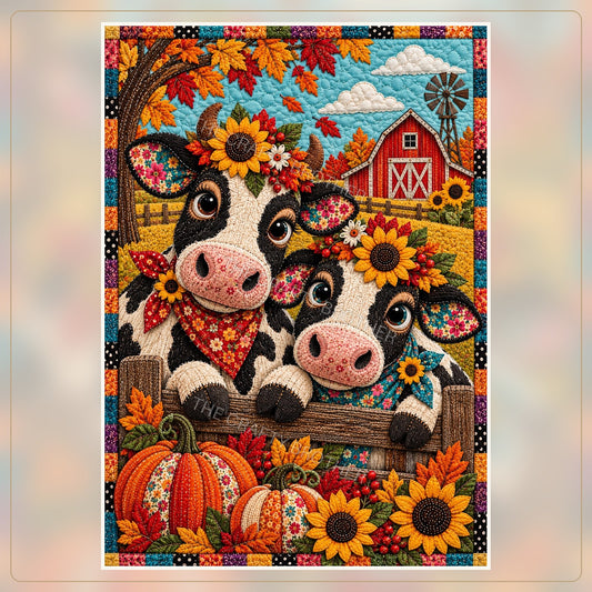 Two sunflower crowned Holstein cows at a fence with pumpkins and a red barn. Watermarked artwork preview.