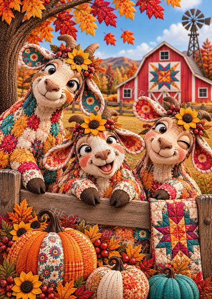 Three playful goats with floral patchwork coats, sunflowers, pumpkins, and a red quilt barn. Watermarked artwork preview.