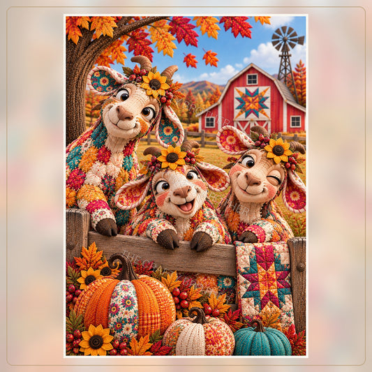Three playful goats with floral patchwork coats, sunflowers, pumpkins, and a red quilt barn. Watermarked artwork preview.