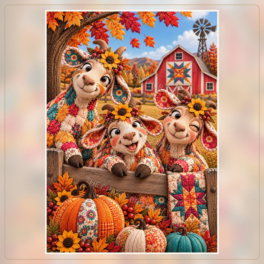 Three playful goats with floral patchwork coats, sunflowers, pumpkins, and a red quilt barn. Watermarked artwork preview.