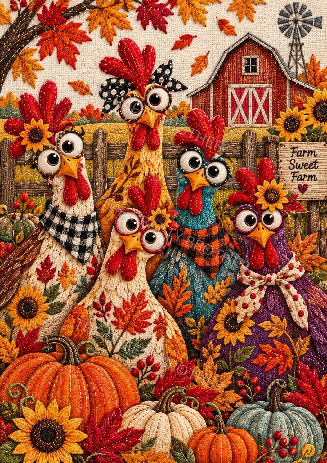 Five expressive chickens among pumpkins and sunflowers beside a Farm Sweet Farm sign. Watermarked artwork preview.