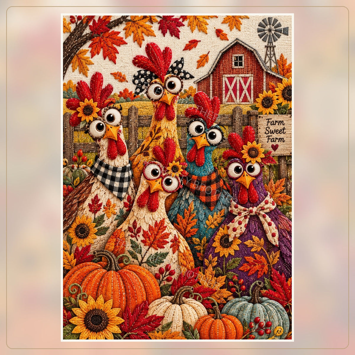 Five expressive chickens among pumpkins and sunflowers beside a Farm Sweet Farm sign. Watermarked artwork preview.