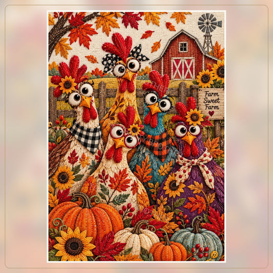 Five expressive chickens among pumpkins and sunflowers beside a Farm Sweet Farm sign. Watermarked artwork preview.