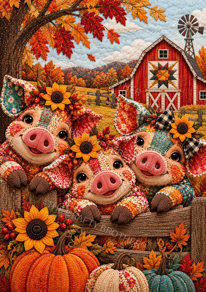 Three cheerful patchwork pigs at a farm fence amid pumpkins, sunflowers, and autumn leaves. Watermarked artwork preview.