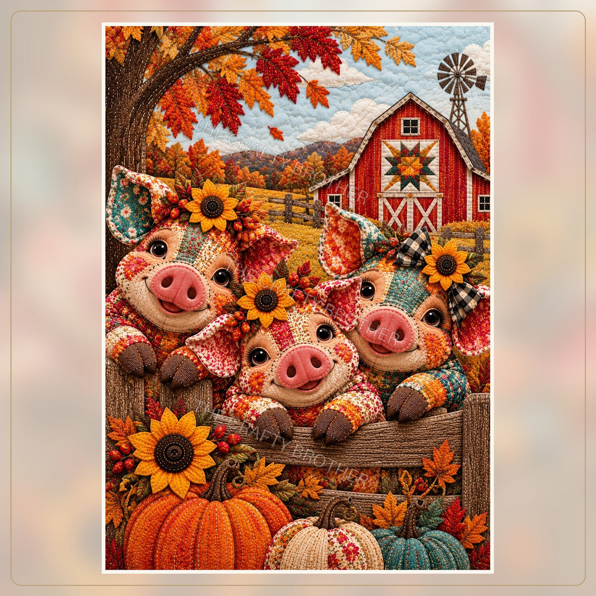 Three cheerful patchwork pigs at a farm fence amid pumpkins, sunflowers, and autumn leaves. Watermarked artwork preview.