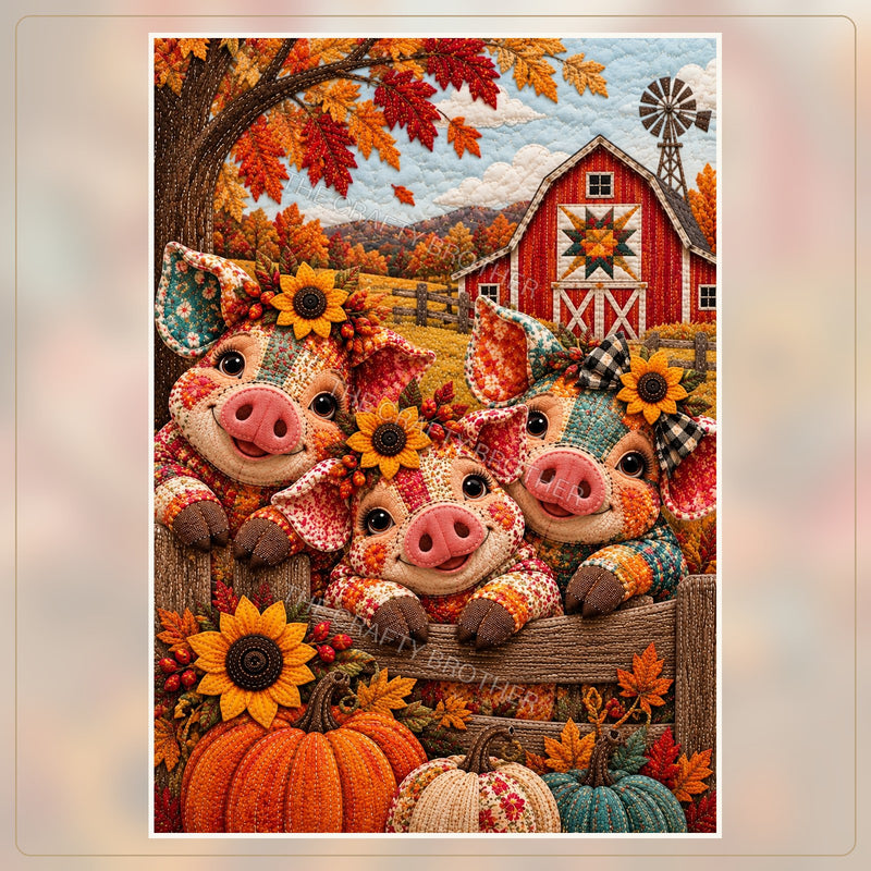 Three cheerful patchwork pigs at a farm fence amid pumpkins, sunflowers, and autumn leaves. Watermarked artwork preview.