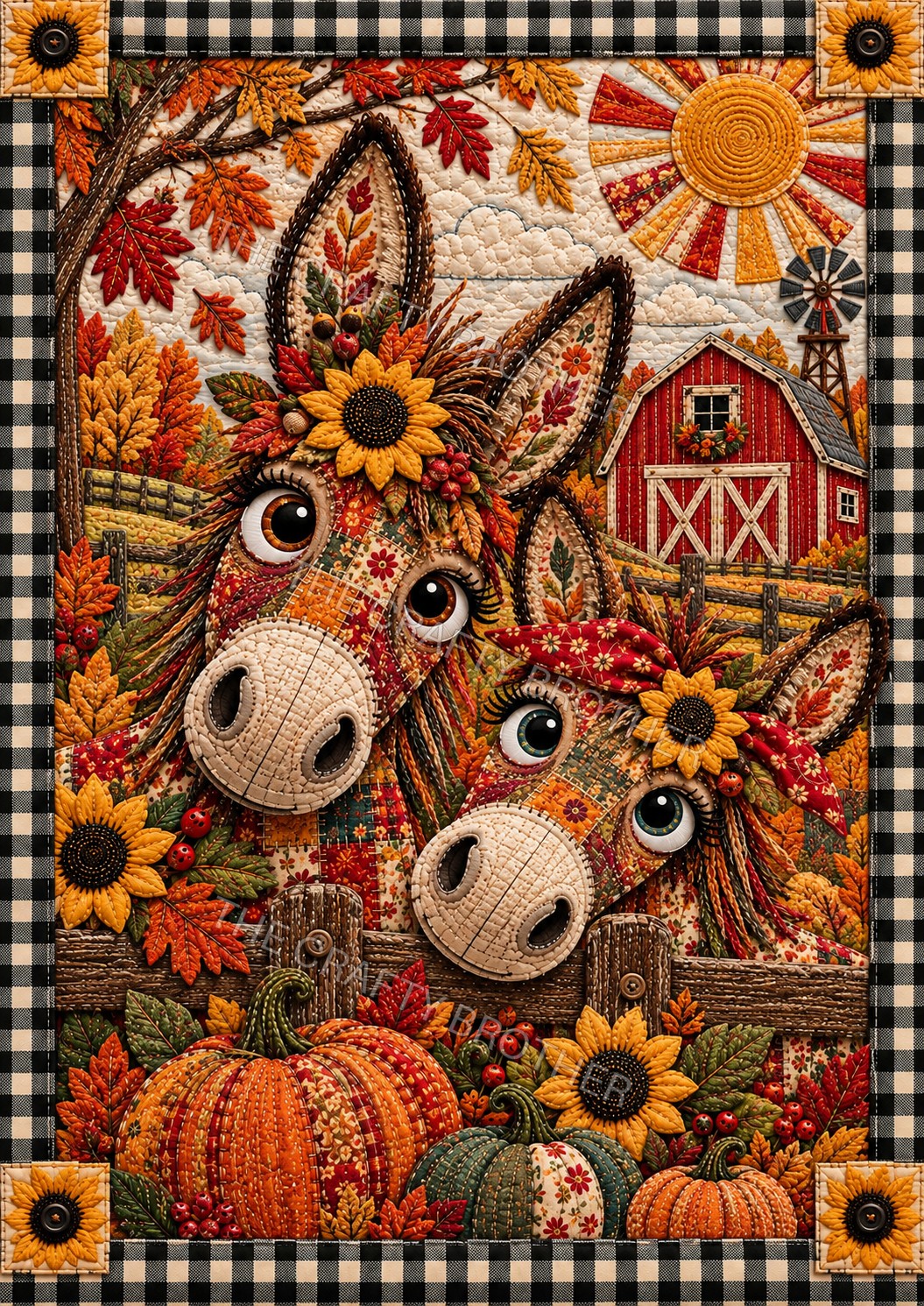 Two floral patchwork donkeys at a fence with pumpkins, sunflowers, and a red barn. Watermarked artwork preview.