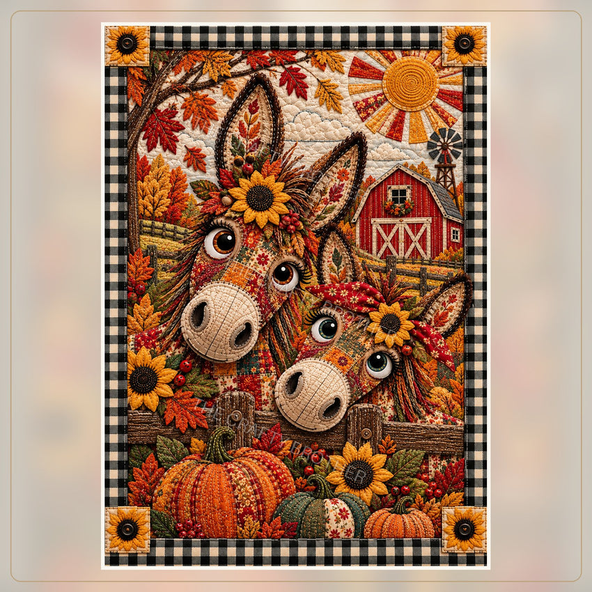 Two floral patchwork donkeys at a fence with pumpkins, sunflowers, and a red barn. Watermarked artwork preview.