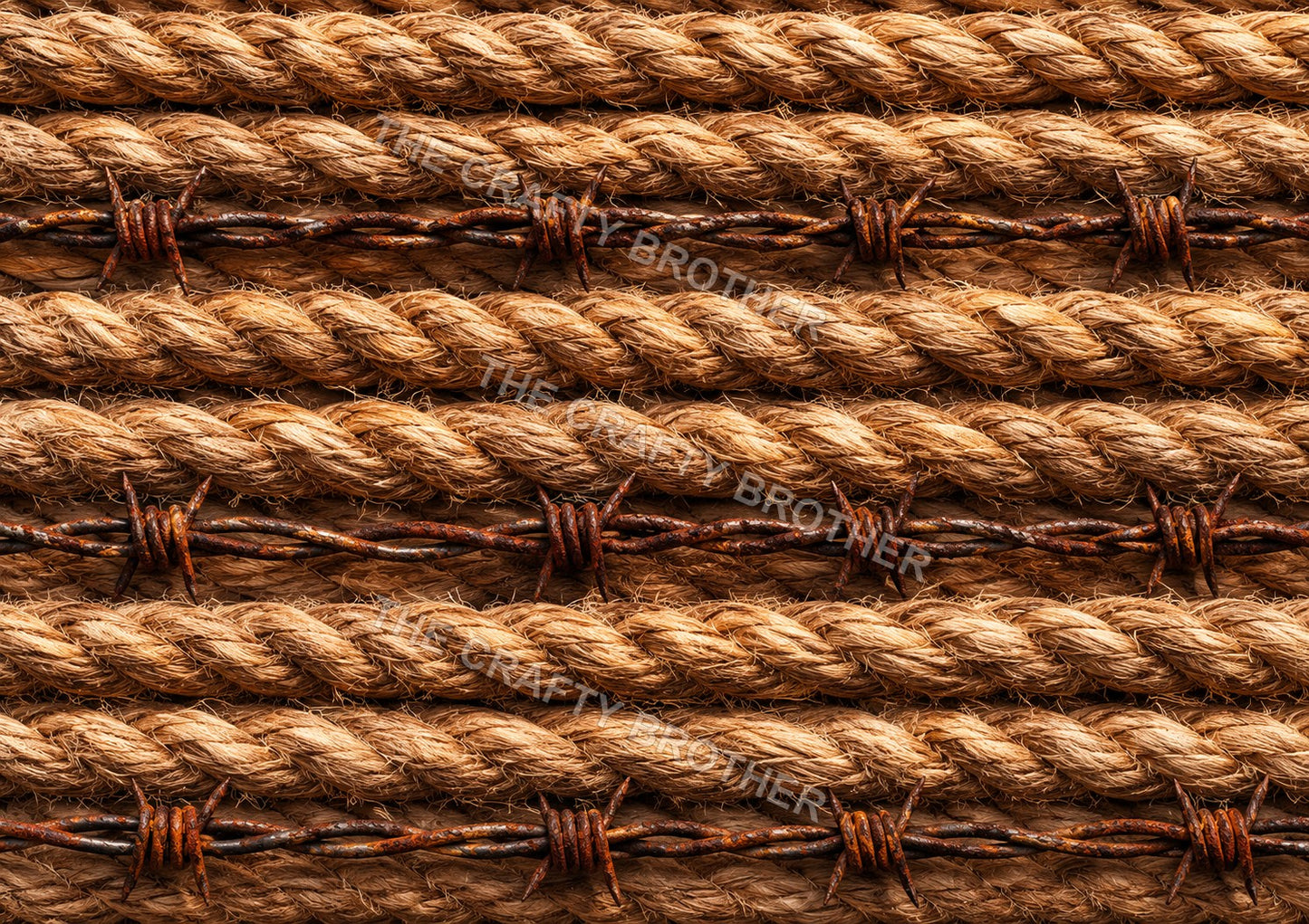 Rustic braided western rope and rusty barbed wire pattern over warm wood