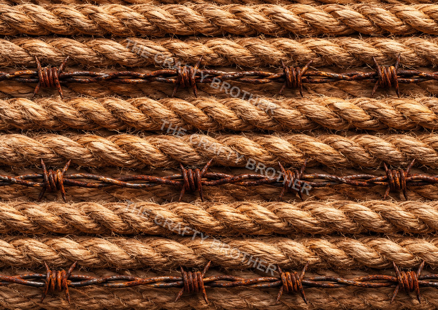 Rustic braided western rope and rusty barbed wire pattern over warm wood