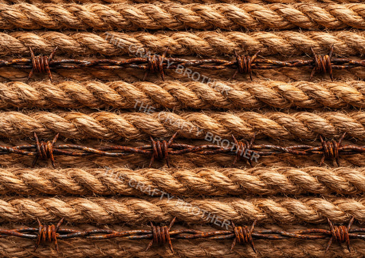 Rustic braided western rope and rusty barbed wire pattern over warm wood