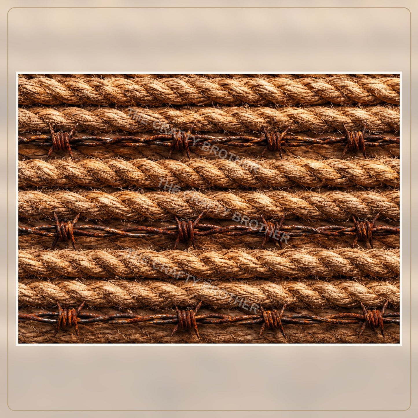 Rustic braided western rope and rusty barbed wire pattern over warm wood