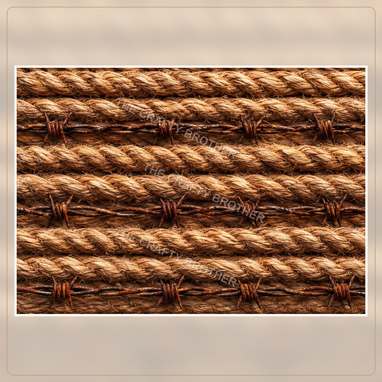Rustic braided western rope and rusty barbed wire pattern over warm wood