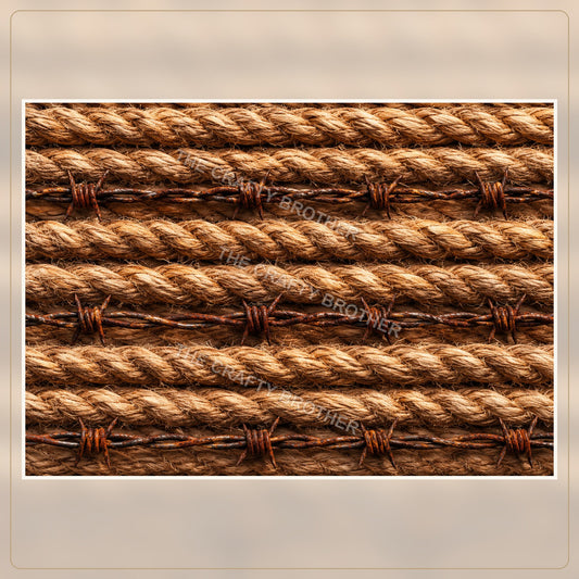 Rustic braided western rope and rusty barbed wire pattern over warm wood