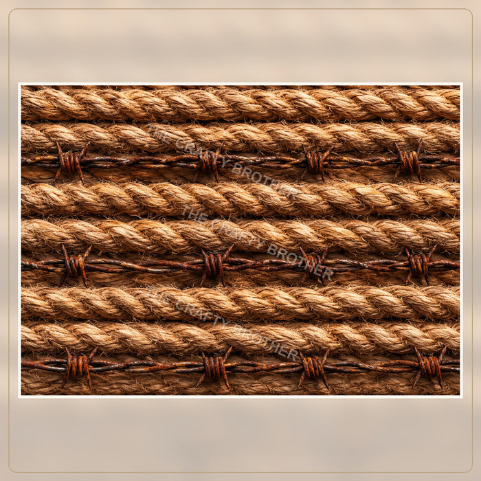 Rustic braided western rope and rusty barbed wire pattern over warm wood