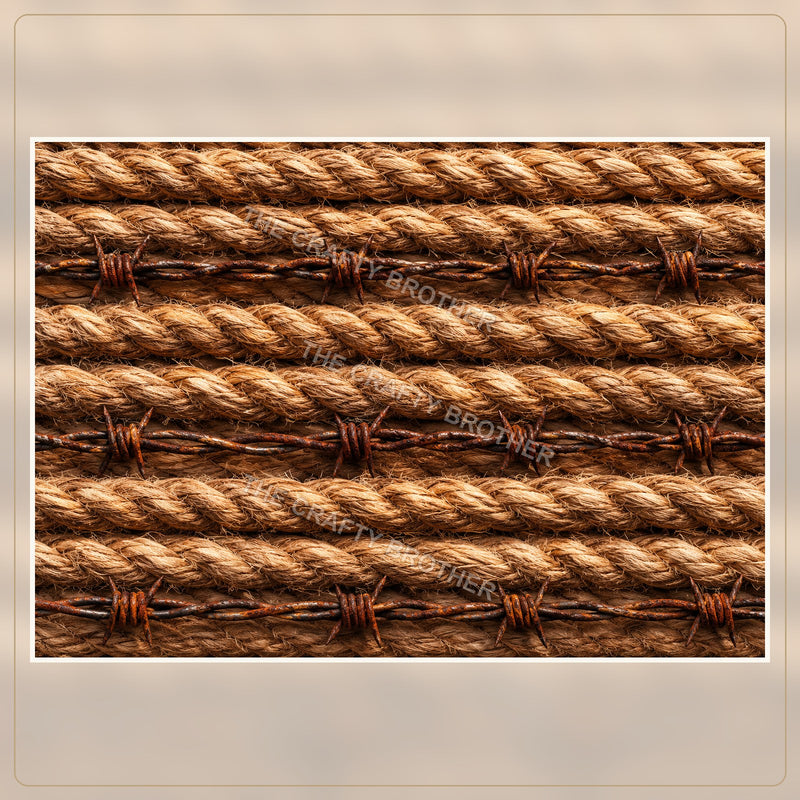 Rustic braided western rope and rusty barbed wire pattern over warm wood